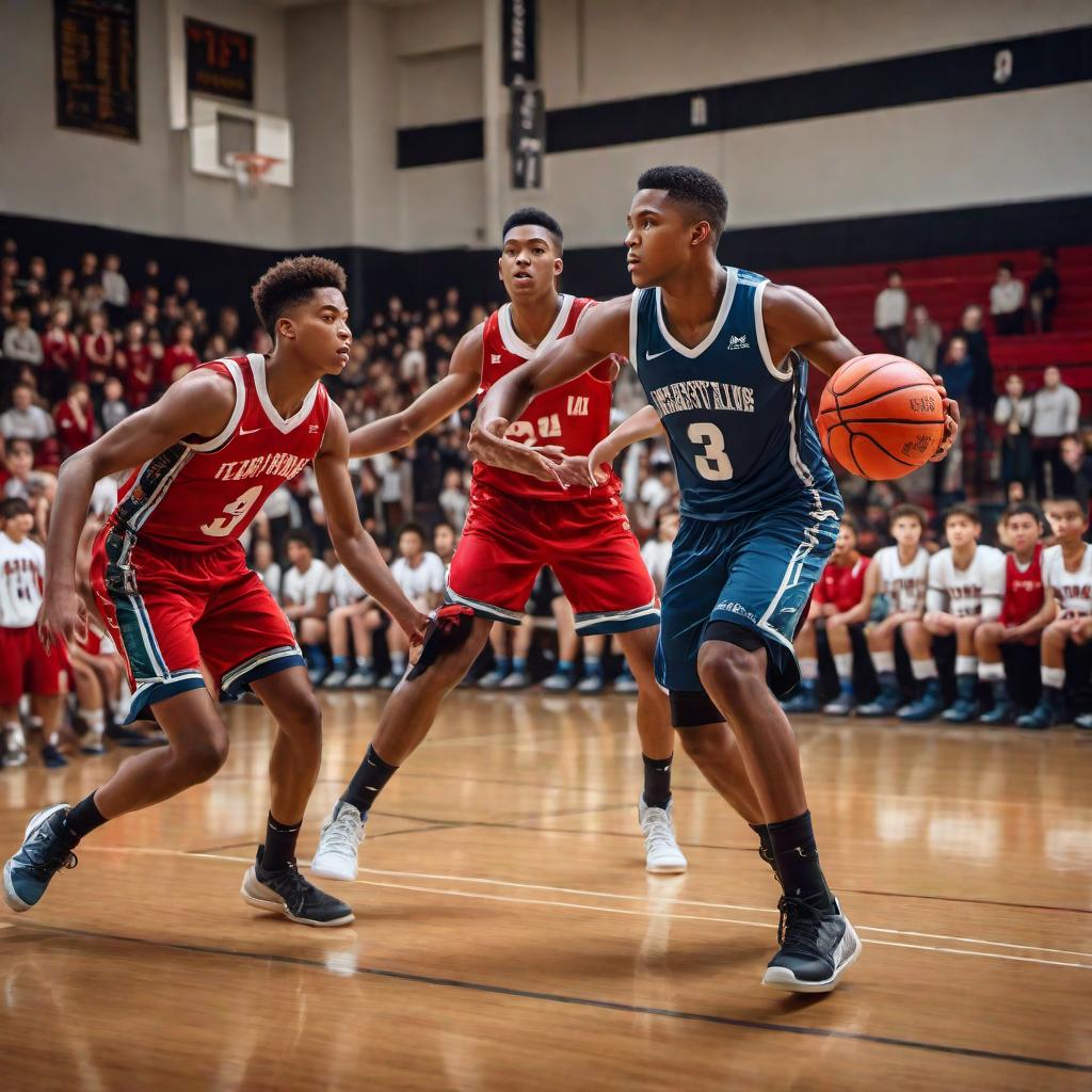  Create an image of a youth playing basketball at the U14 competitive level, showcasing the intensity of a state championship game. hyperrealistic, full body, detailed clothing, highly detailed, cinematic lighting, stunningly beautiful, intricate, sharp focus, f/1. 8, 85mm, (centered image composition), (professionally color graded), ((bright soft diffused light)), volumetric fog, trending on instagram, trending on tumblr, HDR 4K, 8K