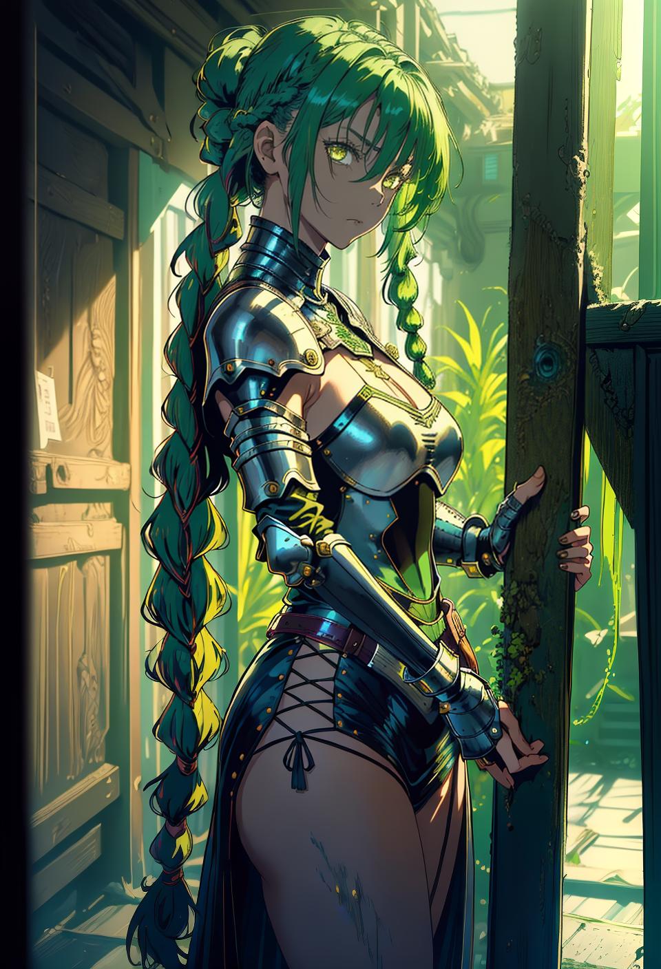 ((trending, highres, masterpiece, cinematic shot)), 1girl, mature, female knight, large, otherworldly scene, medium-length messy green hair, hair in braids, narrow yellow eyes, lazy personality, mischievous expression, very dark skin, chaotic, lucky