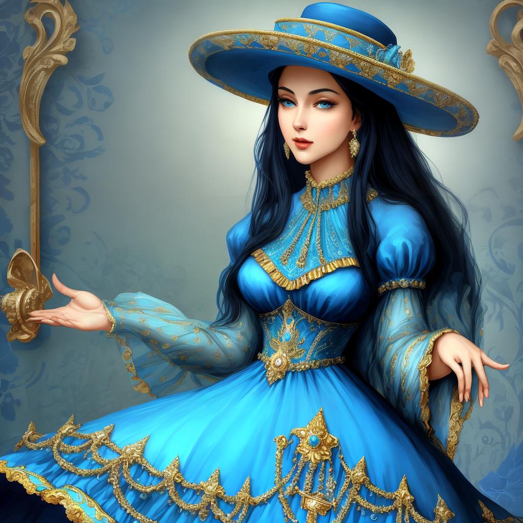  beautiful and one woman imagen realista tipo dibujo piel trigueña clara ojos almendrados grises cabello largo curby ropa vestido azul estilo victoriano joyas sombrero con flor estilo victoriano pose elegante con taza de té en la mano sutil imagen alta definición