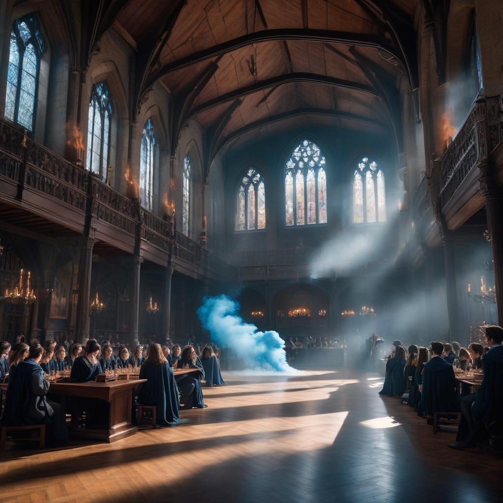  A large hall with students, and a Hogwarts cup with a blue fire in the middle stands in the middle. High detail. hyperrealistic, full body, detailed clothing, highly detailed, cinematic lighting, stunningly beautiful, intricate, sharp focus, f/1. 8, 85mm, (centered image composition), (professionally color graded), ((bright soft diffused light)), volumetric fog, trending on instagram, trending on tumblr, HDR 4K, 8K