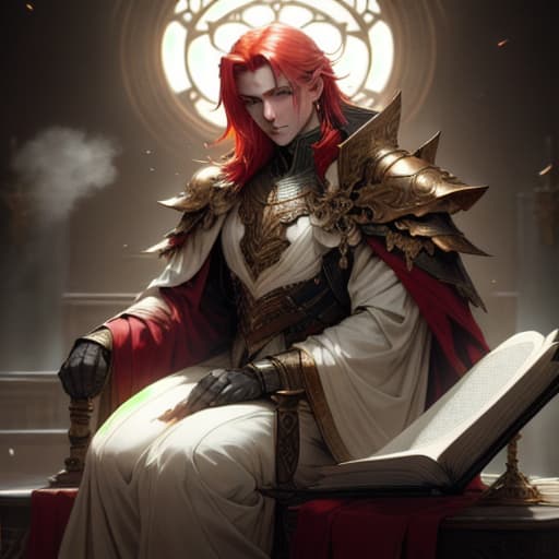  cover photo of the novel, a beautiful boy, light red hair, purple blue eyes, wearing an earring on one side, a long faint scar on his right eye, ancient background, clear and sharp details, two hands raised an open book emitting golden light High Resolution, HDR Masterpieces, Crisp and Clean Compositions hyperrealistic, full body, detailed clothing, highly detailed, cinematic lighting, stunningly beautiful, intricate, sharp focus, f/1. 8, 85mm, (centered image composition), (professionally color graded), ((bright soft diffused light)), volumetric fog, trending on instagram, trending on tumblr, HDR 4K, 8K