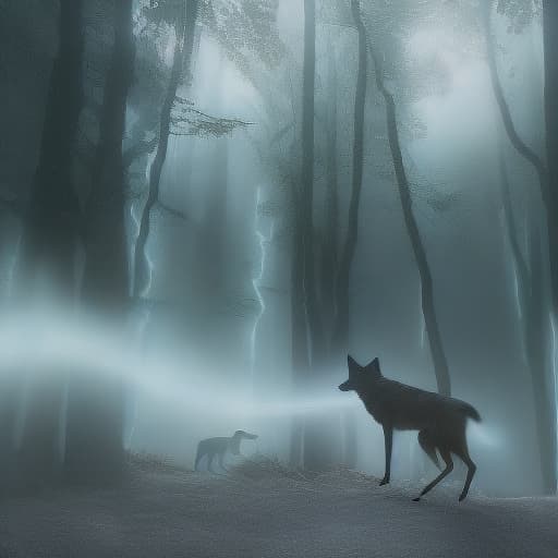 trnlgcy A dark pack of wolves runs in the night forest hyperrealistic, full body, detailed clothing, highly detailed, cinematic lighting, stunningly beautiful, intricate, sharp focus, f/1. 8, 85mm, (centered image composition), (professionally color graded), ((bright soft diffused light)), volumetric fog, trending on instagram, trending on tumblr, HDR 4K, 8K