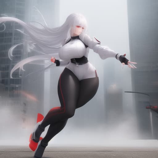  White hair, red eyes, frown, fingerless gloves, leggings, black top,, mechanical arm, blood, huge, wide hips, running, ruined city. hyperrealistic, full body, detailed clothing, highly detailed, cinematic lighting, stunningly beautiful, intricate, sharp focus, f/1. 8, 85mm, (centered image composition), (professionally color graded), ((bright soft diffused light)), volumetric fog, trending on instagram, trending on tumblr, HDR 4K, 8K