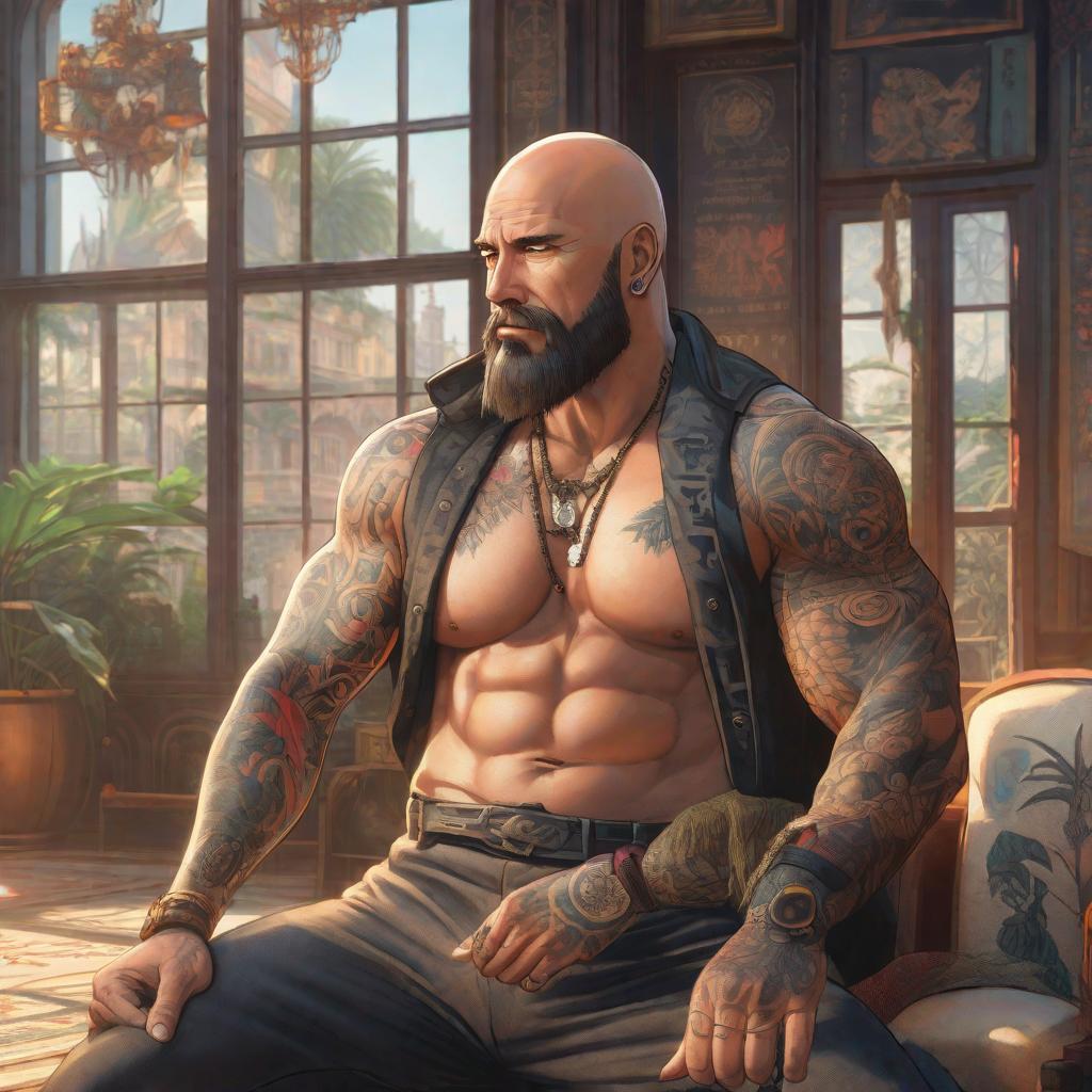  Bald man with a tattoo on his chest wearing a black crop top., anime concept art by Hayao Miyazaki, featured on pixiv, fantasy art, concept art, official art, high detailed hyperrealistic, full body, detailed clothing, highly detailed, cinematic lighting, stunningly beautiful, intricate, sharp focus, f/1. 8, 85mm, (centered image composition), (professionally color graded), ((bright soft diffused light)), volumetric fog, trending on instagram, trending on tumblr, HDR 4K, 8K