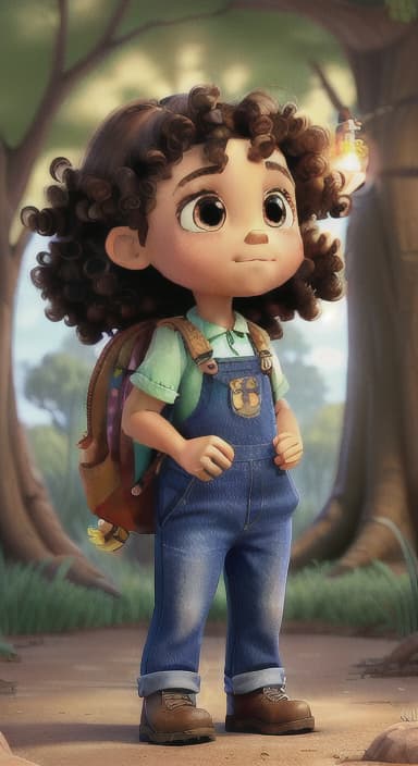  {The tree shining brightly and releasing a gentle, magical light., Riley, a curious with big brown eyes and curly hair, wearing overalls and carrying a small backpack. Their friend, Skye, a bluebird with shiny feathers.