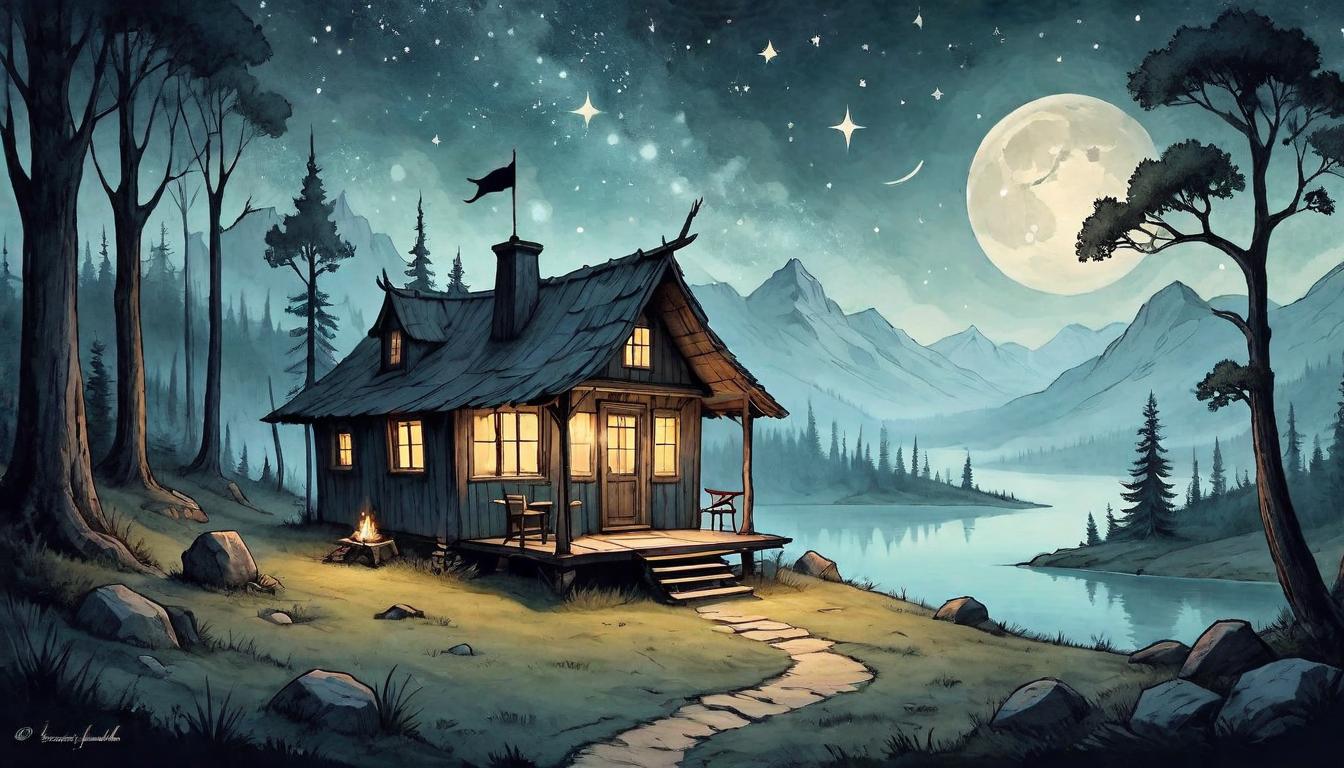  on parchment, surrealism+++, A minimalist cabin in the wilderness under the stars, living true to oneself, simple beauty, harmony with nature, serene isolation(mysterious, provocative, symbolic,muted color)+++