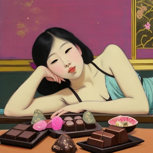  Attractive Beautiful young Asian reclining with moist pink parted lips. Forground is plates of fine dark chocolates. Background is an Asian palace. Painting style of Edgar Degas