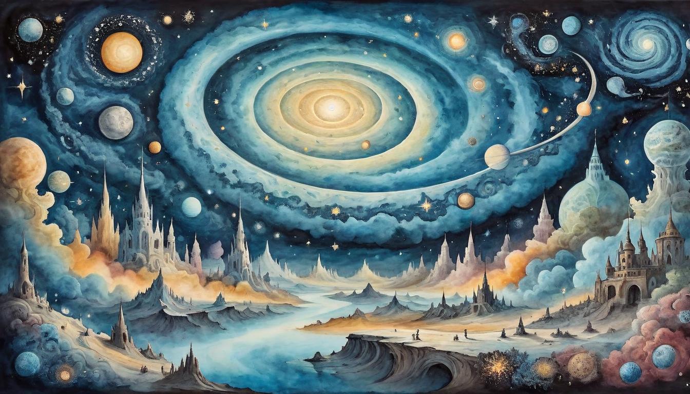  on parchment, surrealism+++, Infinite cosmic landscape, swirling galaxies, radiant nebulae, sense of vast potential, stars and celestial bodies in the distance(mysterious, provocative, symbolic,muted color)+++