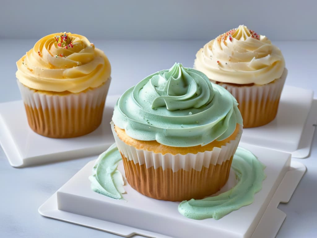  A closeup, ultradetailed photograph of a perfectly frosted cupcake, with intricate swirls of pastelcolored buttercream icing delicately placed on top. The cupcake sits on a sleek, white marble countertop, casting a soft shadow underneath, enhancing its visual appeal. Each sprinkle on the cupcake is crystal clear, showcasing the fine details of the sugary confection. The lighting is soft and diffused, highlighting the texture and colors of the dessert, creating a captivating and minimalistic composition perfect for a professional pastry photography article. hyperrealistic, full body, detailed clothing, highly detailed, cinematic lighting, stunningly beautiful, intricate, sharp focus, f/1. 8, 85mm, (centered image composition), (professionally color graded), ((bright soft diffused light)), volumetric fog, trending on instagram, trending on tumblr, HDR 4K, 8K