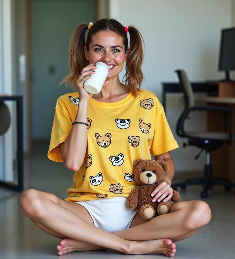  good quality, high quality, a middle age woman wearing a costume consisting of an diaper, yellow t shirt adorned with cartoon animals, and she has pigtails hairstyle. she is drinking milk from a bottle. she has a simple but happy expression on her face. she is holding a teddy bear and sitting on the floor of an office setting. her mature features contrast with her attire.