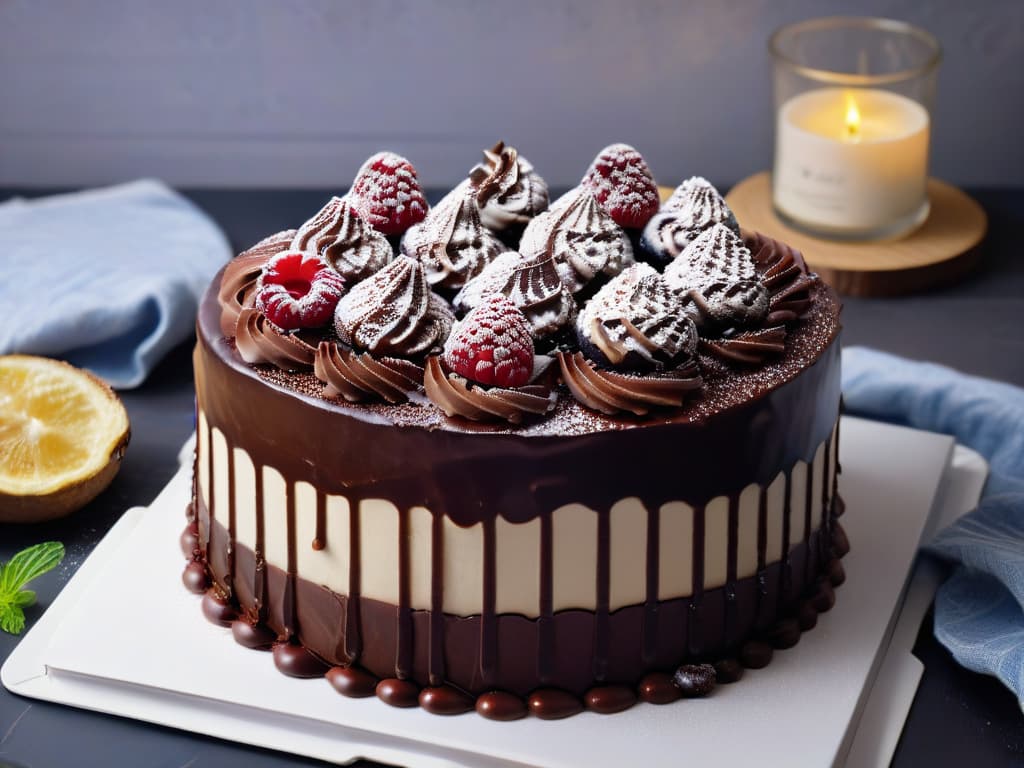  A closeup, ultradetailed image of a decadent chocolate cake drizzled with a rich coñacinfused ganache, topped with delicate curls of dark chocolate and garnished with fresh raspberries and mint leaves. The glossy ganache reflects the light, highlighting the intricate details of the cake's texture, while the vibrant red raspberries add a pop of color against the dark backdrop. The image captures the essence of sophistication and indulgence, appealing to the readers' senses and enticing them to explore the world of exquisite desserts with coñac. hyperrealistic, full body, detailed clothing, highly detailed, cinematic lighting, stunningly beautiful, intricate, sharp focus, f/1. 8, 85mm, (centered image composition), (professionally color graded), ((bright soft diffused light)), volumetric fog, trending on instagram, trending on tumblr, HDR 4K, 8K