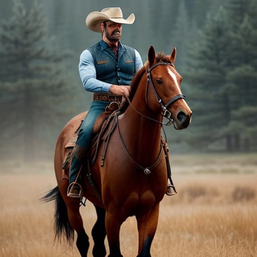  cowboy hyperrealistic, full body, detailed clothing, highly detailed, cinematic lighting, stunningly beautiful, intricate, sharp focus, f/1. 8, 85mm, (centered image composition), (professionally color graded), ((bright soft diffused light)), volumetric fog, trending on instagram, trending on tumblr, HDR 4K, 8K