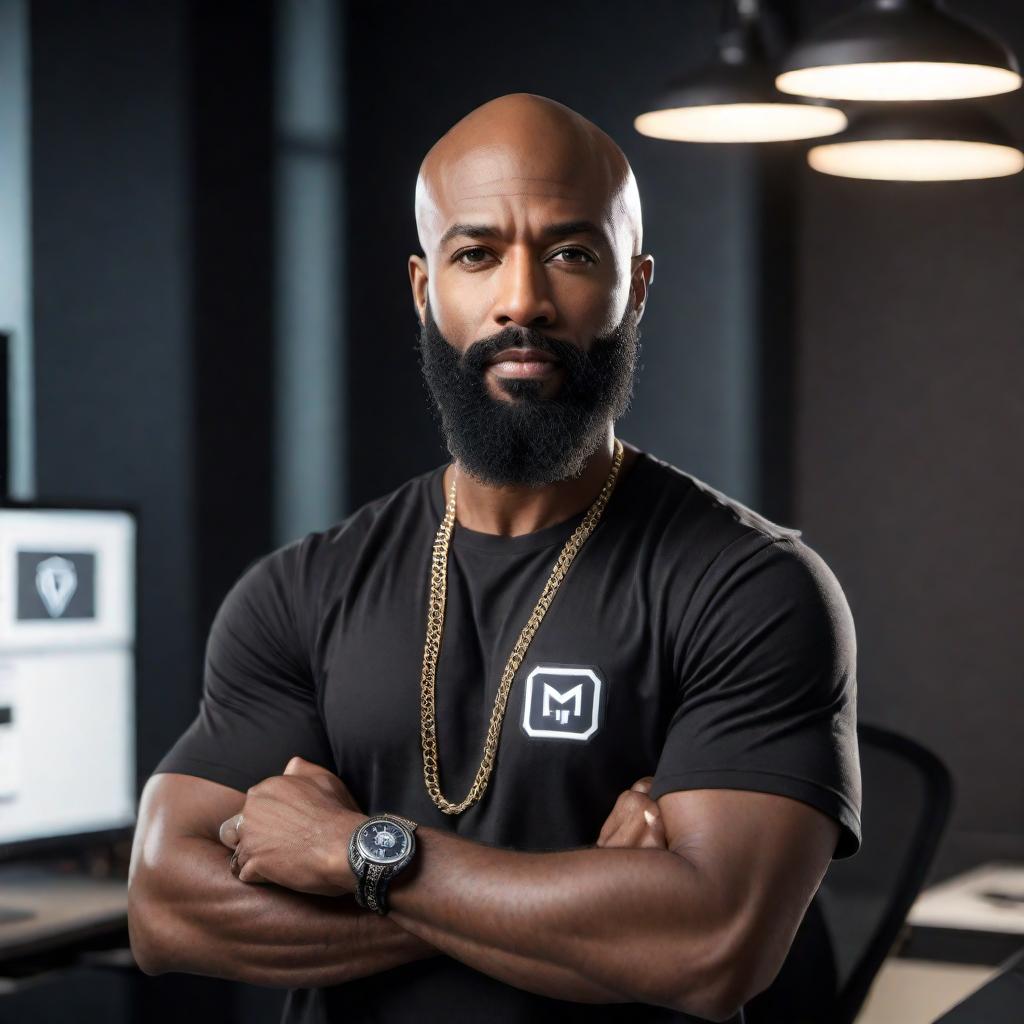  A confident, bald, African American tech CEO named Herb Coakley with a diamond stud earring and a full black beard. He's dressed in hip hop fashion, wearing a black t-shirt with the Courial logo. The setting is a modern tech office. hyperrealistic, full body, detailed clothing, highly detailed, cinematic lighting, stunningly beautiful, intricate, sharp focus, f/1. 8, 85mm, (centered image composition), (professionally color graded), ((bright soft diffused light)), volumetric fog, trending on instagram, trending on tumblr, HDR 4K, 8K