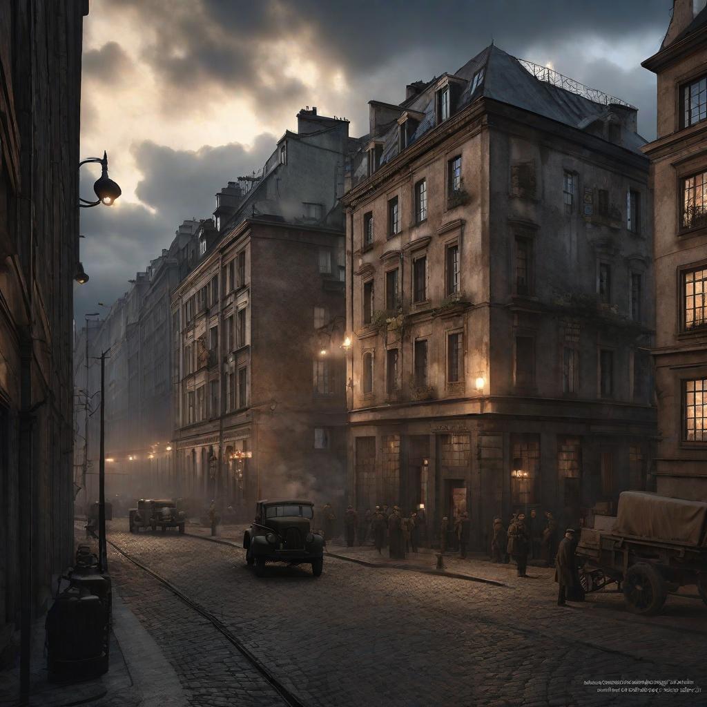  Warsaw Ghetto as a refuge for the Polish resistance in World War II , night clouds, above city, atmospheric lighting, Octane Render a fantasy digital painting by James Gurney, trending on Artstation, hyperrealistic, realistic, photorealistic, dynamic lighting, highly detailed, cinematic landscape, studio lighting hyperrealistic, full body, detailed clothing, highly detailed, cinematic lighting, stunningly beautiful, intricate, sharp focus, f/1. 8, 85mm, (centered image composition), (professionally color graded), ((bright soft diffused light)), volumetric fog, trending on instagram, trending on tumblr, HDR 4K, 8K