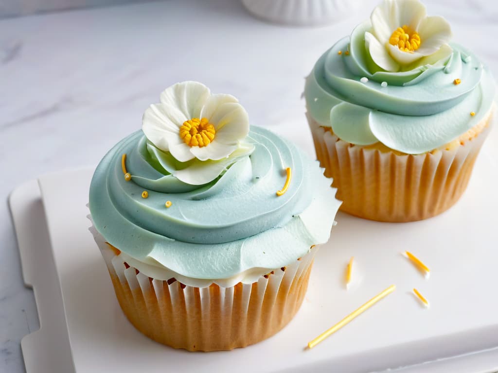  An ultradetailed closeup image of a perfectly frosted cupcake, showcasing intricate swirls of pastelcolored buttercream, topped with a delicate edible flower and shimmering sprinkles. The frosting is flawlessly smooth, with each swirl meticulously piped, capturing the artistry and precision required in baking. The cupcake sits on a sleek, white marble countertop, with soft, natural light gently illuminating the textured surface, creating a visually stunning and appetizing composition perfect for inspiring aspiring bakers. hyperrealistic, full body, detailed clothing, highly detailed, cinematic lighting, stunningly beautiful, intricate, sharp focus, f/1. 8, 85mm, (centered image composition), (professionally color graded), ((bright soft diffused light)), volumetric fog, trending on instagram, trending on tumblr, HDR 4K, 8K