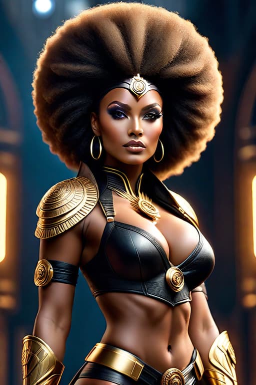  Women zulu Queen super hero stood high, behind her, looking straight and busty, afro hair, black eyes hyperrealistic, full body, detailed clothing, highly detailed, cinematic lighting, stunningly beautiful, intricate, sharp focus, f/1. 8, 85mm, (centered image composition), (professionally color graded), ((bright soft diffused light)), volumetric fog, trending on instagram, trending on tumblr, HDR 4K, 8K