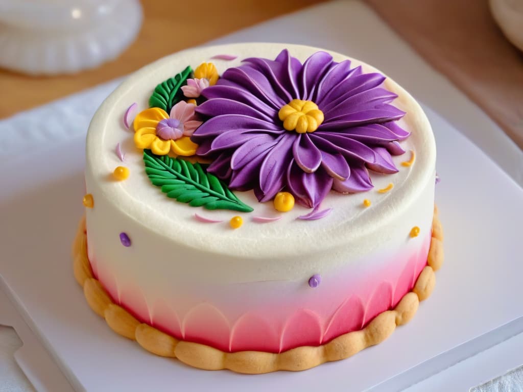  A closeup, ultradetailed image of a delicate, intricately decorated sugar cookie, showcasing vibrant colors and precise piping work. The cookie features a floral design with petals in various shades of pink and purple, accented with shimmering gold details. The background is a soft, outoffocus blur, emphasizing the precision and artistry of the cookie decoration. hyperrealistic, full body, detailed clothing, highly detailed, cinematic lighting, stunningly beautiful, intricate, sharp focus, f/1. 8, 85mm, (centered image composition), (professionally color graded), ((bright soft diffused light)), volumetric fog, trending on instagram, trending on tumblr, HDR 4K, 8K