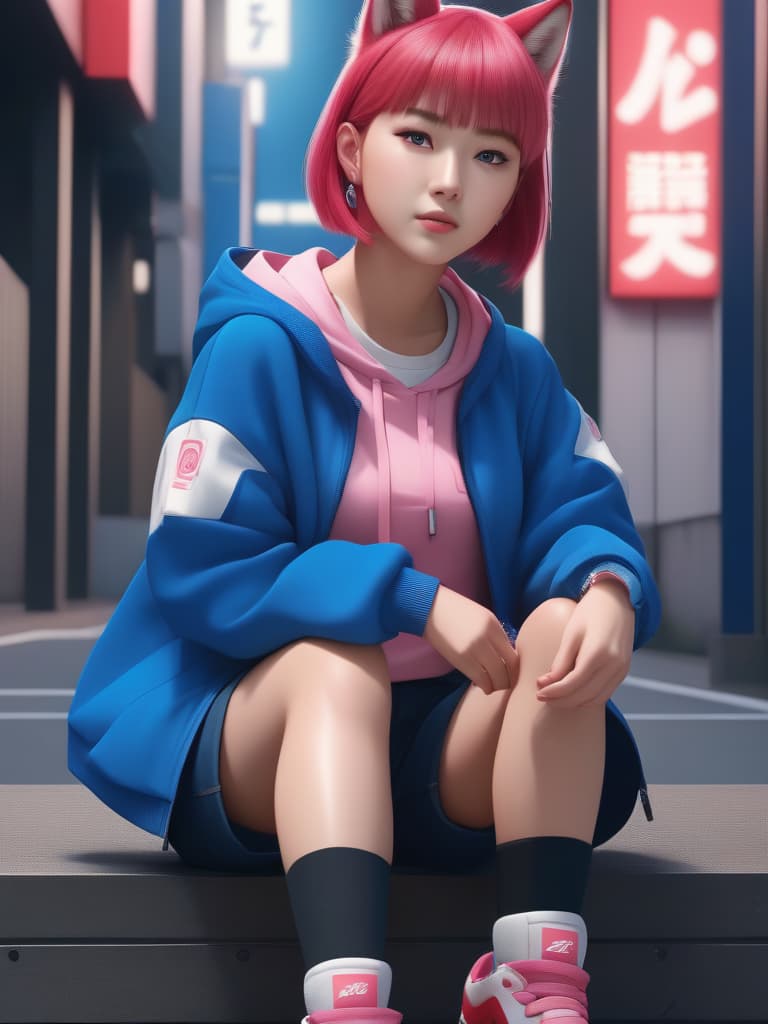  BLUE EYES SHORT PANT RED SNEAKERS PINK WOLF CUT HAIR YOUNG JAPANESE GIRL , high quality, highly detailed, sharp focus, 4K, 8K