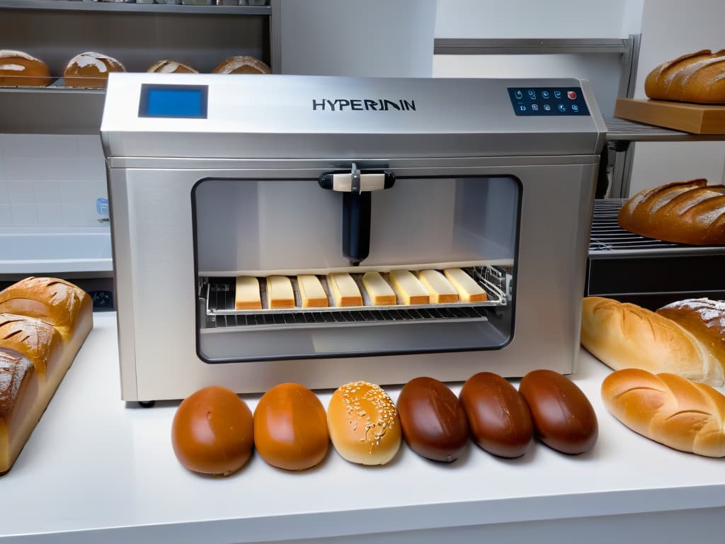  An image of a sleek, modern breadmaking machine on a pristine white kitchen counter, surrounded by artisanal loaves of bread in various shapes and sizes. The machine is illuminated by soft natural light coming in from a nearby window, casting gentle shadows on the countertop. The focus is on the intricate details of the machine's control panel, displaying digital settings and buttons with precision and elegance. The backdrop is intentionally blurred to highlight the simplicity and sophistication of the breadmaking process. hyperrealistic, full body, detailed clothing, highly detailed, cinematic lighting, stunningly beautiful, intricate, sharp focus, f/1. 8, 85mm, (centered image composition), (professionally color graded), ((bright soft diffused light)), volumetric fog, trending on instagram, trending on tumblr, HDR 4K, 8K