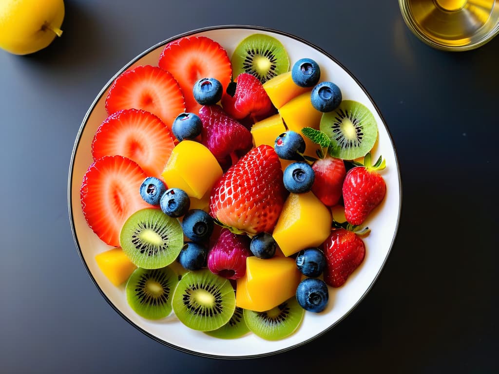  An ultradetailed 8k image of a colorful fruit salad in a sleek, modern bowl, with each piece of fruit meticulously detailed to show its texture, color variations, and juicy freshness. The arrangement is impeccable, showcasing a variety of fruits like strawberries, blueberries, kiwis, and mangoes, each glistening under a soft, natural light that highlights their natural beauty. The background is a subtle gradient that enhances the vibrant colors of the fruits, making them pop with a hyperrealistic quality perfect for a minimalistic and professional aesthetic. hyperrealistic, full body, detailed clothing, highly detailed, cinematic lighting, stunningly beautiful, intricate, sharp focus, f/1. 8, 85mm, (centered image composition), (professionally color graded), ((bright soft diffused light)), volumetric fog, trending on instagram, trending on tumblr, HDR 4K, 8K