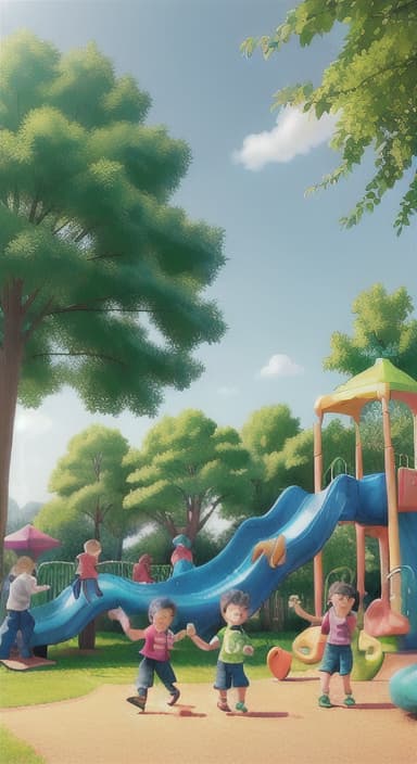  {Children playing in a sunny park with swings and slides., Same group of happy children, now wearing casual play clothes.