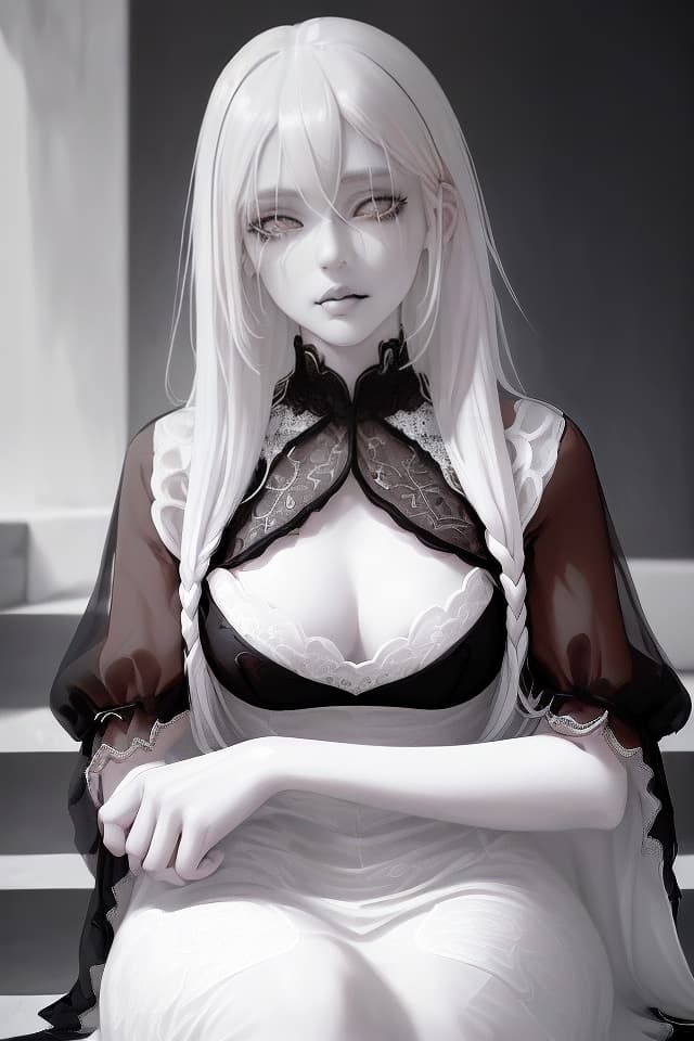  ((black and white monochrome illustration))(cool beautiful girl),masterpiece,((beautiful girl with glossy white hair)),(wearing full black lace dress,) cool and nice body,sitting on stairs,ennui (close up of upper body),high quality,8K,16K