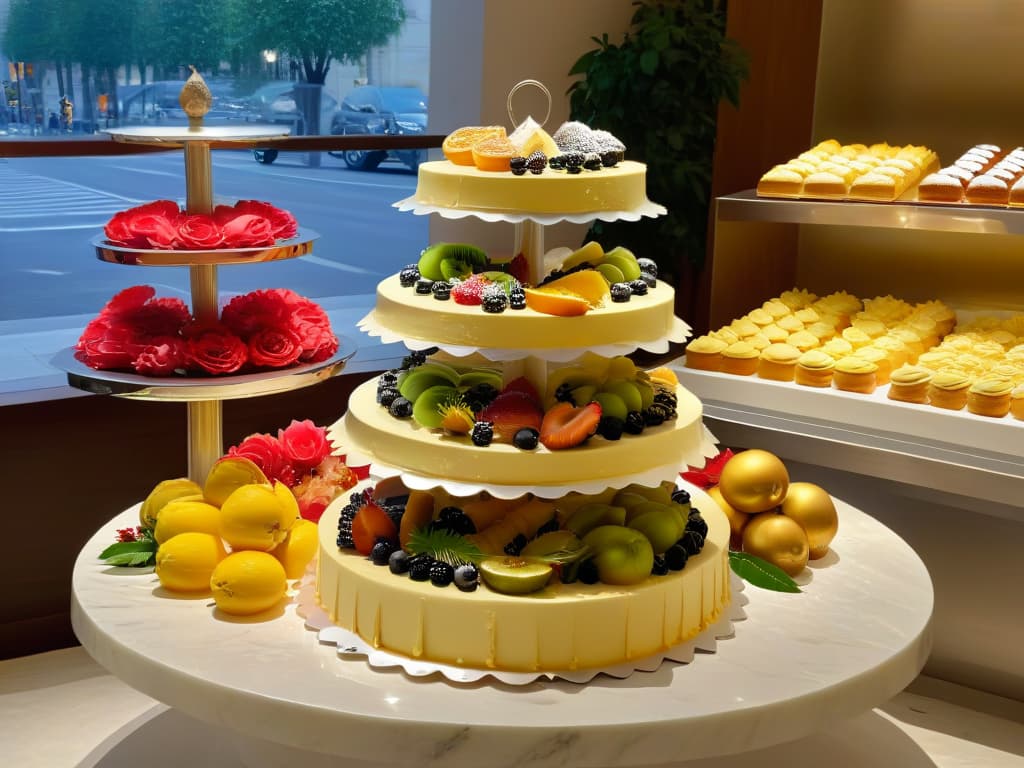  A photorealistic image of a decadent European pastry display featuring a variety of rich creams and butters elegantly piped onto delicate pastries. The pastries are arranged on a polished marble countertop, with soft natural light filtering through a nearby window, highlighting the glossy textures and intricate details of each dessert. The creams and butters are artfully swirled and garnished with fresh fruits and edible flowers, exuding a sense of luxury and sophistication. hyperrealistic, full body, detailed clothing, highly detailed, cinematic lighting, stunningly beautiful, intricate, sharp focus, f/1. 8, 85mm, (centered image composition), (professionally color graded), ((bright soft diffused light)), volumetric fog, trending on instagram, trending on tumblr, HDR 4K, 8K