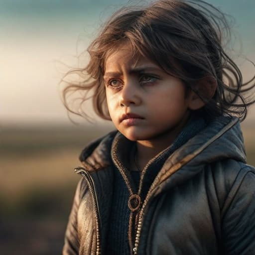  A picture of a little girl wearing torn clothes and her appearance is very terrifying and frightening hyperrealistic, full body, detailed clothing, highly detailed, cinematic lighting, stunningly beautiful, intricate, sharp focus, f/1. 8, 85mm, (centered image composition), (professionally color graded), ((bright soft diffused light)), volumetric fog, trending on instagram, trending on tumblr, HDR 4K, 8K