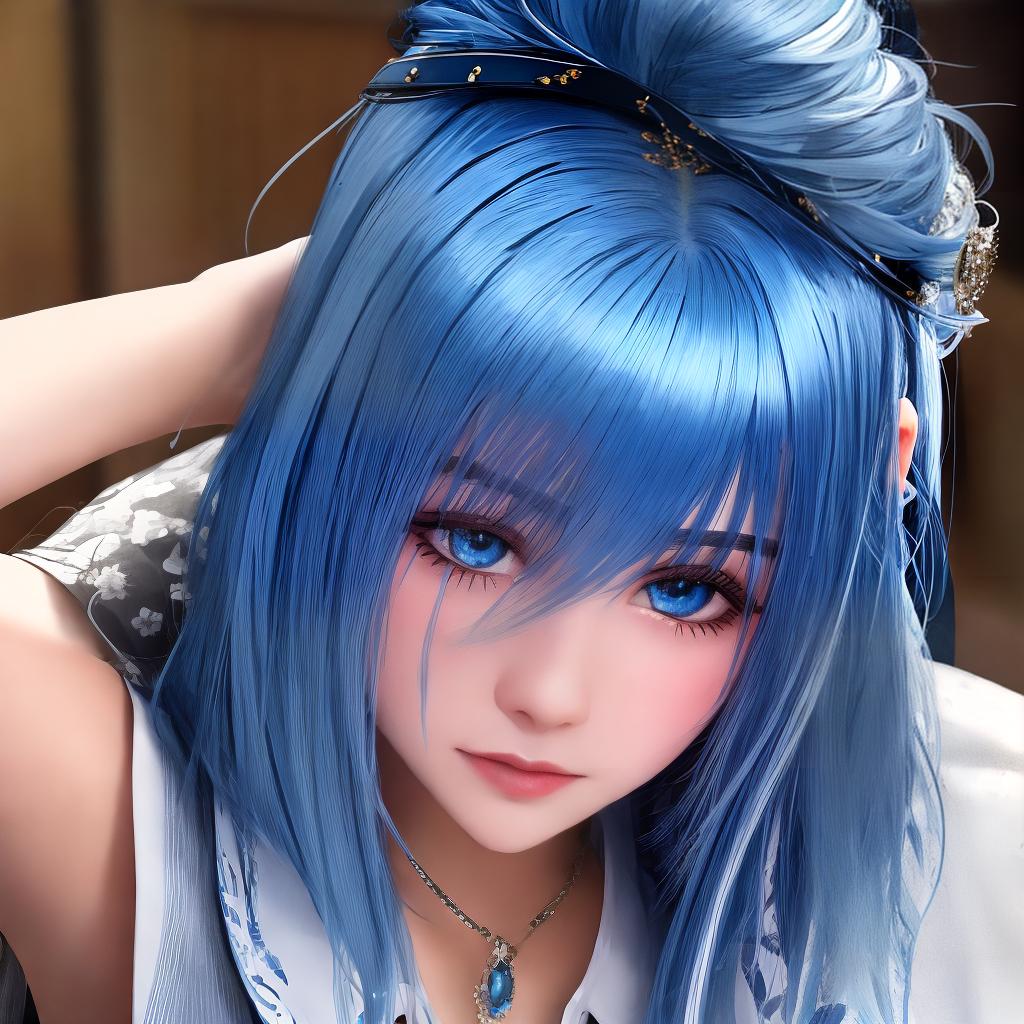  Masterpiece, best quality, short metallic blue hair. Bohemian face. Smart girl