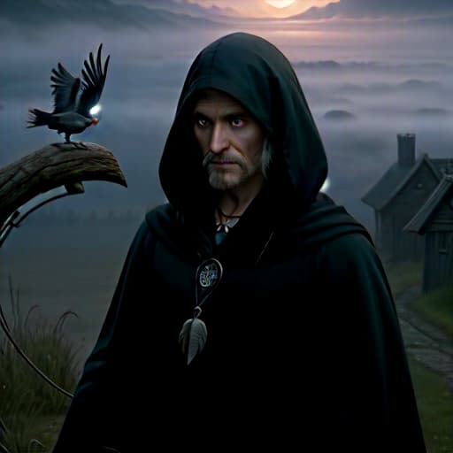  A man in the distance Mythical scary man with a jackdaw, in a hood , bone necklace Highly-detailed, in village historical , coquettish. style of esao andrews, stars dawn sunrise, beautiful, perfect eyes, and a jackdaw, hangman’s noose, Dark-Ages, scythe, misty summertime , Highly defined, highly detailed, sharp focus, (centered image composition), 4K, 8K