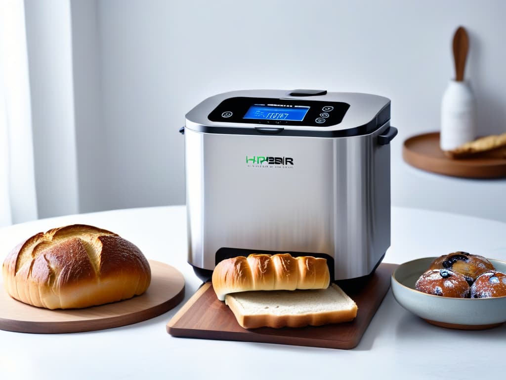  A sleek and minimalist image featuring a modern stainless steel bread maker specifically designed for pastry baking, set against a clean white background to emphasize its professional and elegant design. The focus is on the intricate details of the machine, showcasing its sleek lines, digital display, and various settings for creating delicious pastries and breads. This image captures the essence of a highquality bread maker perfect for pastry enthusiasts looking to invest in a reliable and efficient machine for their baking needs. hyperrealistic, full body, detailed clothing, highly detailed, cinematic lighting, stunningly beautiful, intricate, sharp focus, f/1. 8, 85mm, (centered image composition), (professionally color graded), ((bright soft diffused light)), volumetric fog, trending on instagram, trending on tumblr, HDR 4K, 8K