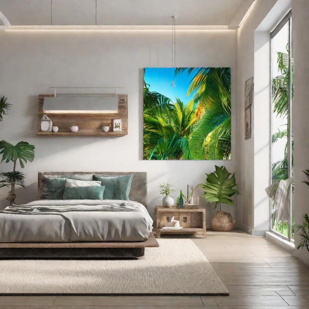   Design a home interior of a room in tropical style using light hanging. 8k, cinematic lighting, HDR