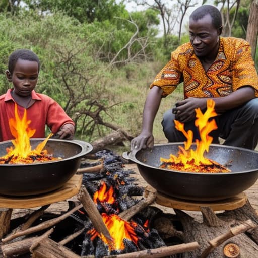  African family cooking food on fire wood