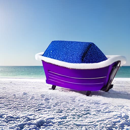  blue purple white christmas sleigh on snowy beach, realistic photo, professional photography 8k hd hd high detail photograph ultra HD, 4K, high details