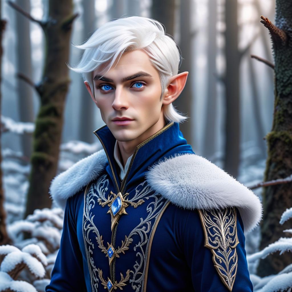  A fairy elf boy with white hair and blue eyes in a winter forest. hyperrealistic, full body, detailed clothing, highly detailed, cinematic lighting, stunningly beautiful, intricate, sharp focus, f/1. 8, 85mm, (centered image composition), (professionally color graded), ((bright soft diffused light)), volumetric fog, trending on instagram, trending on tumblr, HDR 4K, 8K