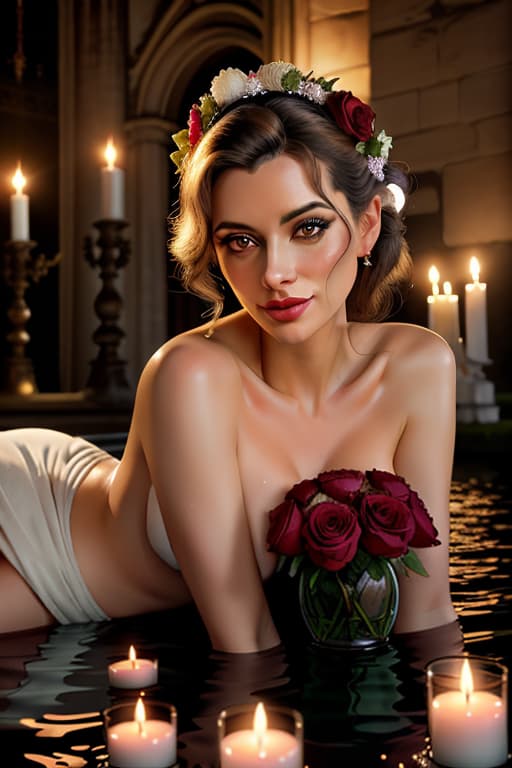  detailed and realistic portrait of a rococos, soft candles lighting, Madame de Pompadour by Francois Boucher, naked ,Raise her barefeet，lying on water ,Cathédrale Notre Dame de Paris ,rococos photography, dramatic lighting, photo realism, ultra detailed, romantic portrait composition, red roses in background, Leica 50mm, f1. 4, magical photography, dramatic lighting, photo realism, hyperrealistic, full body, detailed clothing, highly detailed, cinematic lighting, stunningly beautiful, intricate, sharp focus, f/1. 8, 85mm, (centered image composition), (professionally color graded), ((bright soft diffused light)), volumetric fog, trending on instagram, trending on tumblr, HDR 4K, 8K