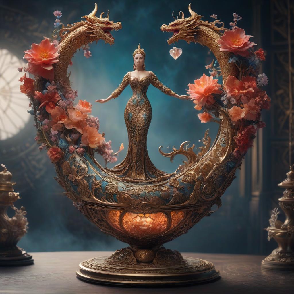  cinematic film still (Surrealist Art, Masterpiece:1. 1), dragon, intricate floral patterns, surreal and dreamlike atmosphere, heart shaped object with swirling patterns, ethereal glow around it floating in a mystical void, intricate details showing traditional Russian artistic style, subtle hints of surrealist elements such as floating petals or shimmering light, rich texture and depth in the work, mesmerizing combination of surrealism and intricate ceramic art. . shallow depth of field, vignette, highly detailed, high budget, bokeh, cinemascope, moody, epic, gorgeous, film grain, grainy hyperrealistic, full body, detailed clothing, highly detailed, cinematic lighting, stunningly beautiful, intricate, sharp focus, f/1. 8, 85mm, (centered image composition), (professionally color graded), ((bright soft diffused light)), volumetric fog, trending on instagram, trending on tumblr, HDR 4K, 8K