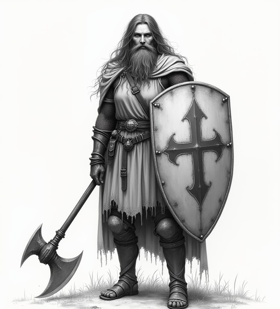  good quality, high quality, a fantasy drawing of a female crusader with long hair and a beard, holding an axe and a shield with a cross on it