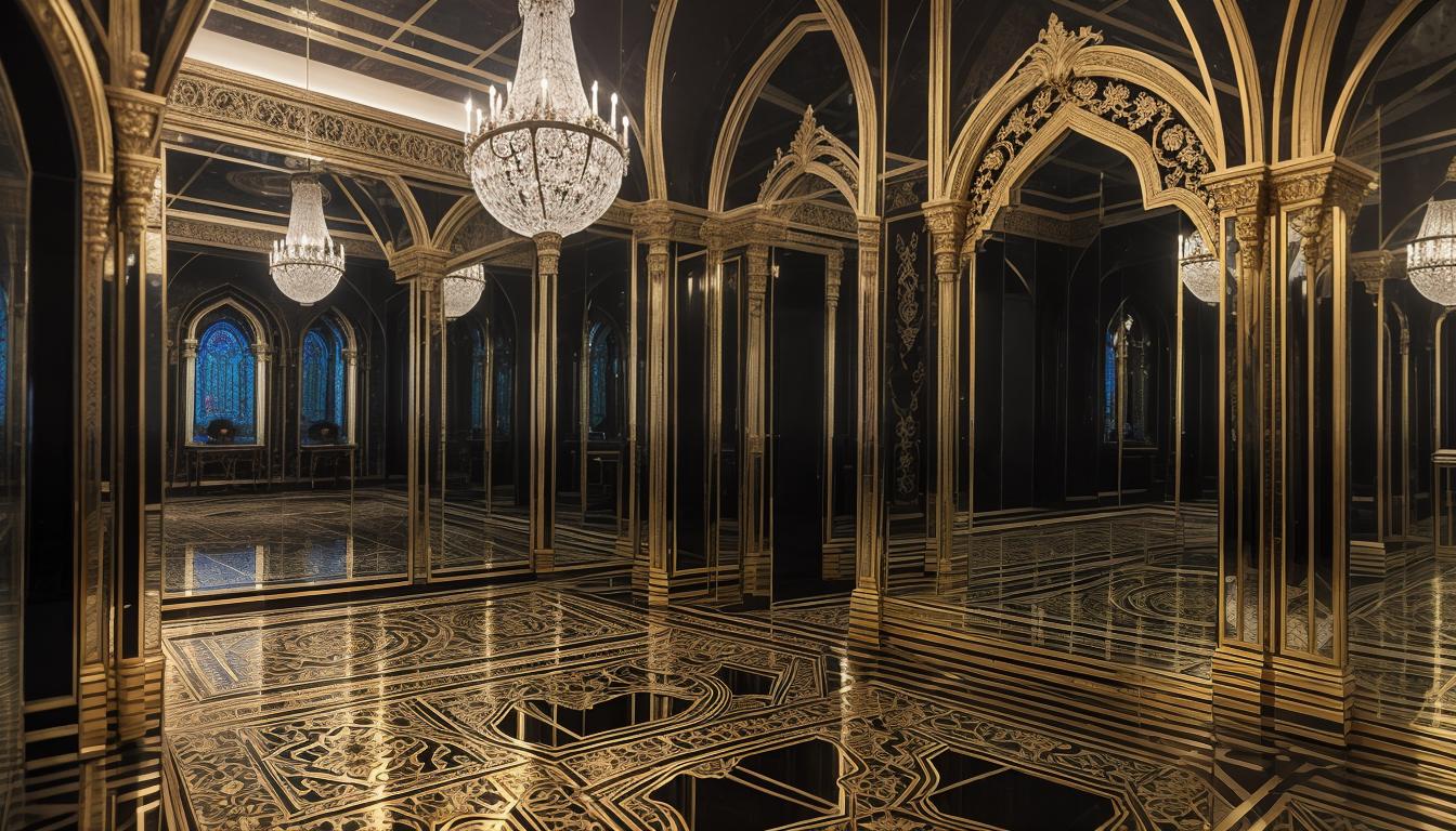  cinematic, aesthetic, Dual mirrors facing each other, ornate with intricate designs, reflections within reflections, a hall of infinite mirrors, capturing multiple angles, deep introspection, layered complexity, 4k, HDR, lens flare