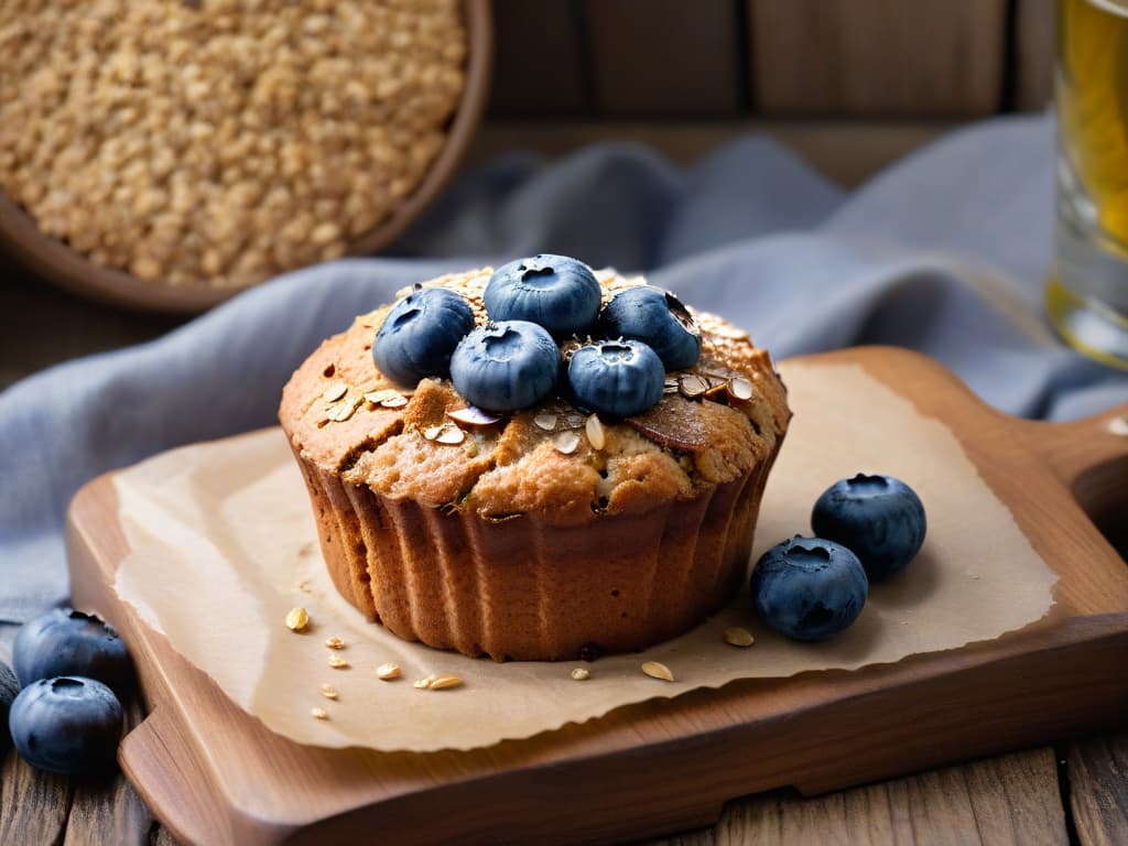  A closeup image of a perfectly baked whole grain muffin with a goldenbrown top, sprinkled with oats and flaxseeds, resting on a rustic wooden table. The muffin is surrounded by fresh blueberries and a drizzle of honey, showcasing a balance of wholesome ingredients and visually appealing presentation. hyperrealistic, full body, detailed clothing, highly detailed, cinematic lighting, stunningly beautiful, intricate, sharp focus, f/1. 8, 85mm, (centered image composition), (professionally color graded), ((bright soft diffused light)), volumetric fog, trending on instagram, trending on tumblr, HDR 4K, 8K