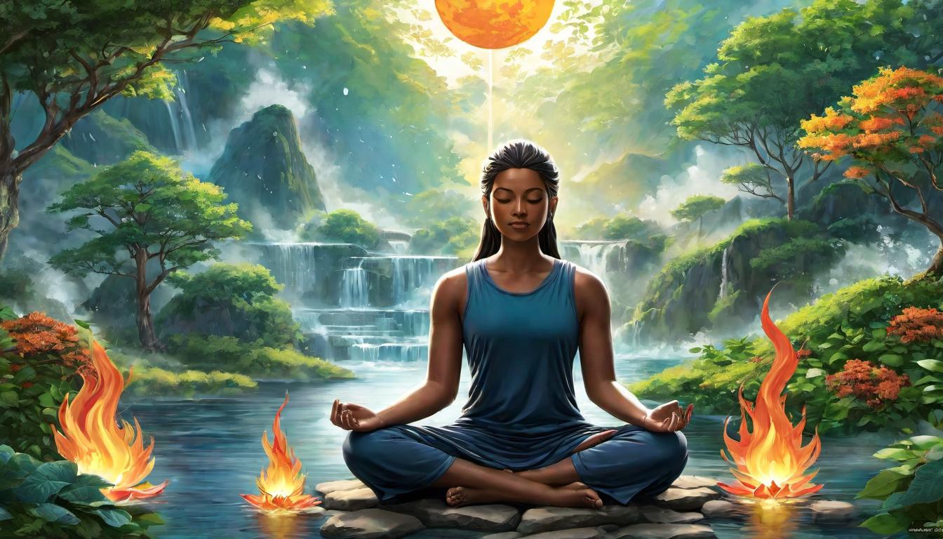  digital illustration, A tranquil garden scene, a figure sits meditating, surrounded by a balance of elements, earth, air, fire, water, energizing balance, serene meditation, energized tranquility, looking at viewer, dynamic pose, (intricate details, masterpiece, best quality)