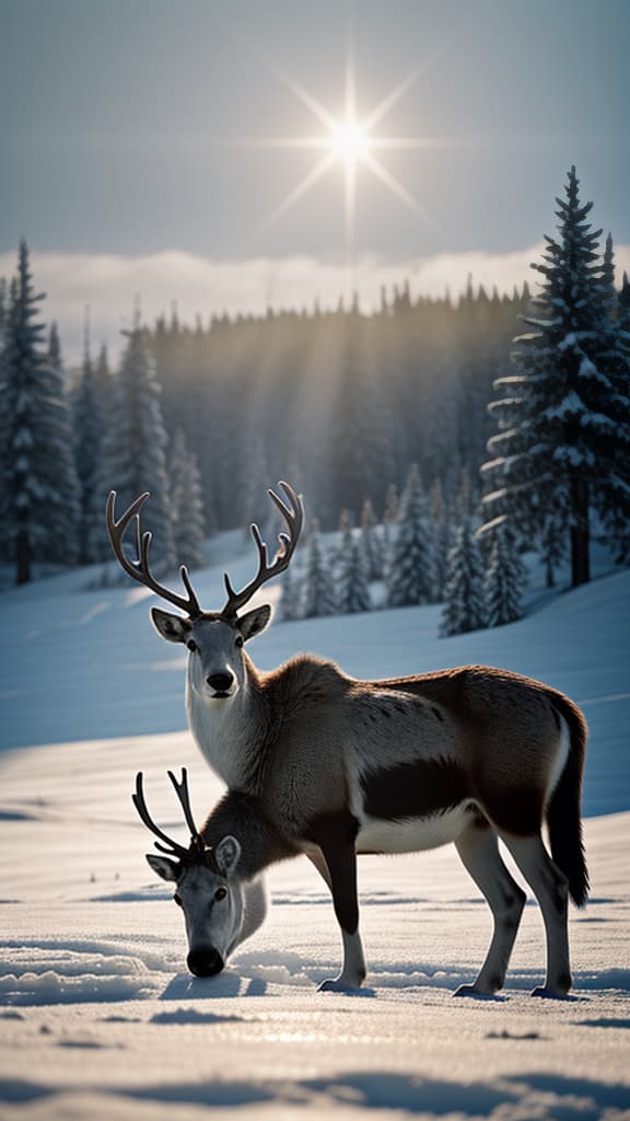  Caribou, tundra snow, high resolution , hyperrealistic, high quality, highly detailed, cinematic lighting, intricate, sharp focus, f/1. 8, 85mm, (centered image composition), (professionally color graded), ((bright soft diffused light)), volumetric fog, trending on instagram, HDR 4K, 8K