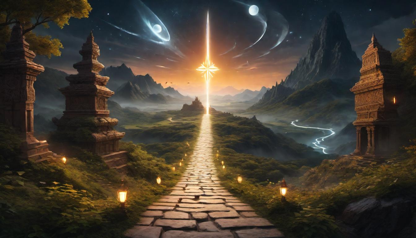  digital illustration, Cryptic symbols and signs fluttering around a path, warning signs and guiding lights intertwined, a journey through shadow and revelation, echoes of encouragement, path of discovery with omens as landmarks, looking at viewer, dynamic pose, (intricate details, masterpiece, best quality)