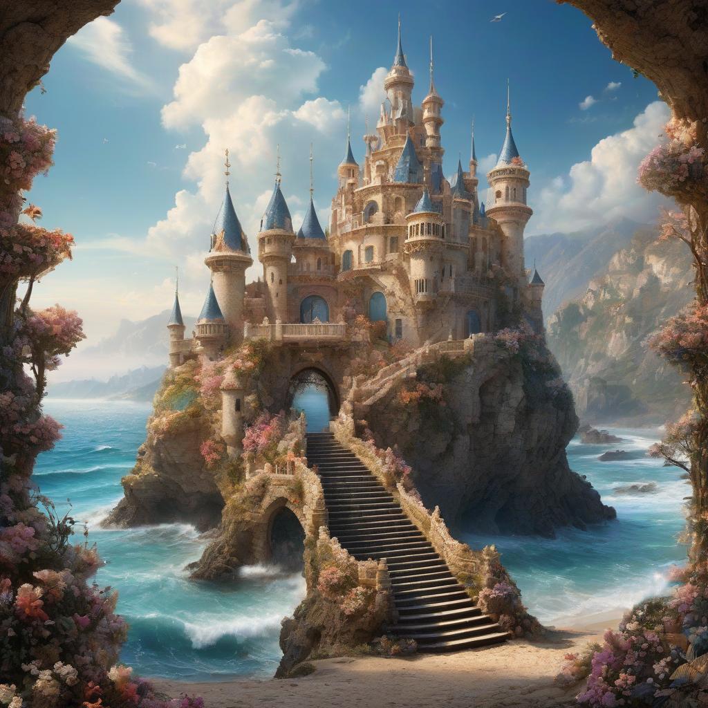  Dgital Image. Beautiful surrealistic castle created from seashells of different sizes and shapes. The towers are decorated with shells, the arches are made of shells, the stairs are made of shells:: lots of shells, shells. Stunning imagination, fabulous, unusual, with elements of mother of pearl:: patterned. Exquisite rocaille and fantasy surrealism. Decorative excesses. Background: sandy beach, sea and sun, highlights on water. Josephine's Wall. Fragonard and Antoine Watteau. Sabbas Aptheros, Alfonso Mucha, Carole Buck, Andrew Jones, Gustav Klimt. High detail. High quality. HDR Lady Galadriel. A defended fortress, a palisade, a gloomy castle, iron, black stone. Standing against a background of mountains. Easter eggs. Blue. ((Sparkling rim) hyperrealistic, full body, detailed clothing, highly detailed, cinematic lighting, stunningly beautiful, intricate, sharp focus, f/1. 8, 85mm, (centered image composition), (professionally color graded), ((bright soft diffused light)), volumetric fog, trending on instagram, trending on tumblr, HDR 4K, 8K