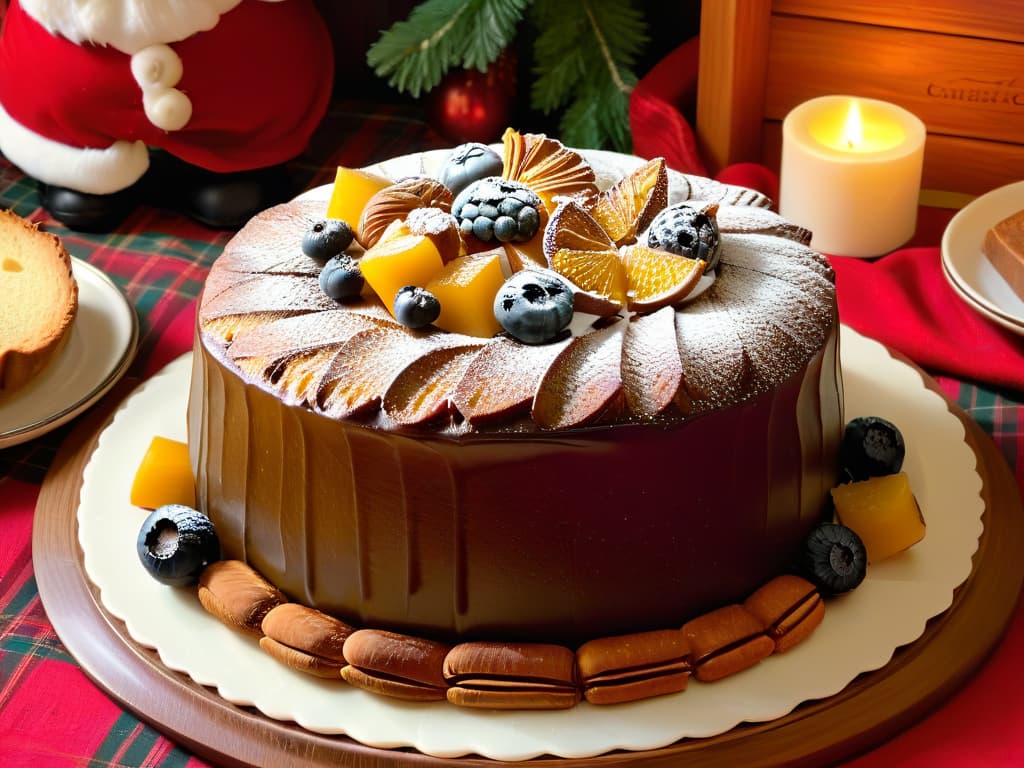  A photorealistic image of a beautifully decorated Christmas table, featuring a freshly baked budín inglés as the centerpiece. The table is elegantly set with festive decorations, twinkling lights, and a warm, inviting ambiance. The budín inglés is perfectly sliced, showcasing its rich texture and colorful mix of fruits and nuts. Steam rises gently from the slices, adding to the cozy holiday atmosphere. The image captures the essence of a classic Christmas dessert, inviting viewers to indulge in the festive spirit. hyperrealistic, full body, detailed clothing, highly detailed, cinematic lighting, stunningly beautiful, intricate, sharp focus, f/1. 8, 85mm, (centered image composition), (professionally color graded), ((bright soft diffused light)), volumetric fog, trending on instagram, trending on tumblr, HDR 4K, 8K