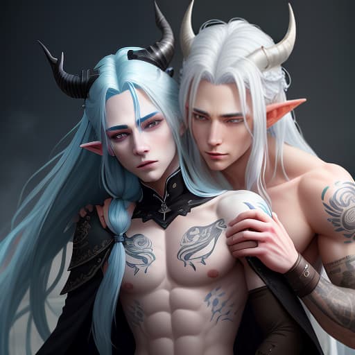  A boy with long blue hair, white eyes, and horns, and a tattoo on his body, hugs a boy with white hair, white eyes, horns on his head, and elf ears, and a digital style tattoo on his body, wearing a black Tolstoy coat. hyperrealistic, full body, detailed clothing, highly detailed, cinematic lighting, stunningly beautiful, intricate, sharp focus, f/1. 8, 85mm, (centered image composition), (professionally color graded), ((bright soft diffused light)), volumetric fog, trending on instagram, trending on tumblr, HDR 4K, 8K