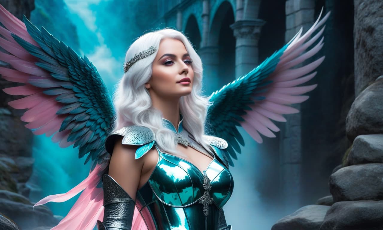  cinematic film still The general plan represents a magnificent angel girl white hair with huge turquoise wings in full pink Gothic shiny armor Milanese shiny armor, as in the paintings of Konrad Witz, of the mid 15th century with a huge Zweihander sword in her hands and huge turquoise wings stands on the bank of a river stone bridge against the background of a full moon an amazing cinematic picture depicting a stranger.mj, RTX, 4k, HDR, Anna Razumovskaya, Casey Baugh, Antonio Mora, Aminola Rezai, Giovanni Boldini, art, realistic art. double exposure, sleek and stylized silhouette of a female body on a transparent background of a female body ((nature painting)), stunning and vibrant. pure white background Happy girl with shiny armor big hyperrealistic, full body, detailed clothing, highly detailed, cinematic lighting, stunningly beautiful, intricate, sharp focus, f/1. 8, 85mm, (centered image composition), (professionally color graded), ((bright soft diffused light)), volumetric fog, trending on instagram, trending on tumblr, HDR 4K, 8K