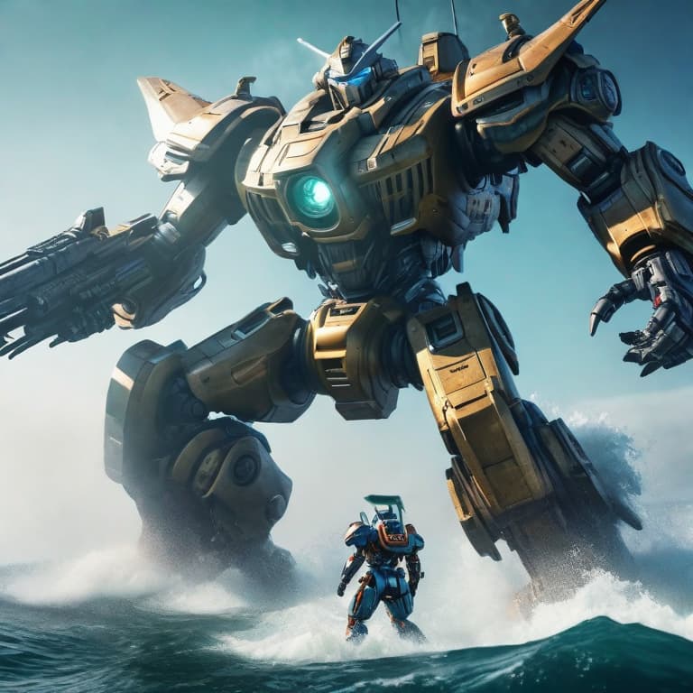  Giant mecha fighting a sea monster hyperrealistic, full body, detailed clothing, highly detailed, cinematic lighting, stunningly beautiful, intricate, sharp focus, f/1. 8, 85mm, (centered image composition), (professionally color graded), ((bright soft diffused light)), volumetric fog, trending on instagram, trending on tumblr, HDR 4K, 8K