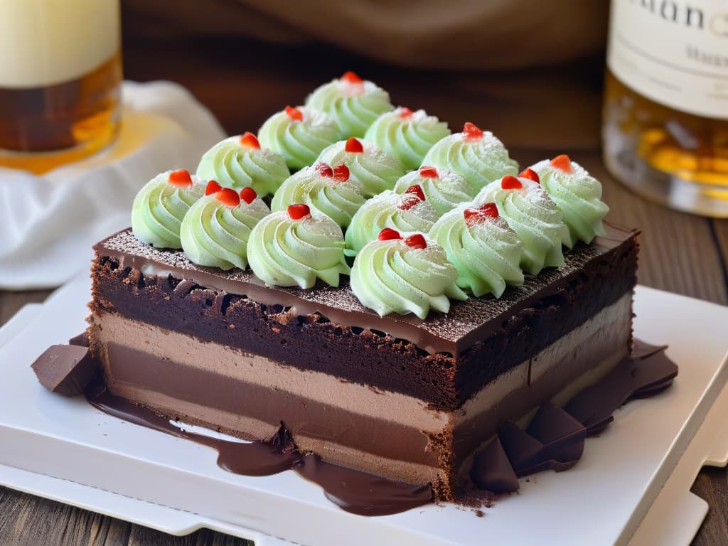  A closeup, ultradetailed image of a perfectly layered Peppermint Slice dessert, showcasing the rich dark chocolate base, the creamy mint filling, and the glossy chocolate ganache on top. The slices are neatly cut, revealing the intricate layers and textures, with a sprinkling of crushed candy canes on top adding a pop of color and freshness. The lighting is soft yet highlights the sheen of the chocolate, inviting the viewer to indulge in the refreshing and decadent treat. hyperrealistic, full body, detailed clothing, highly detailed, cinematic lighting, stunningly beautiful, intricate, sharp focus, f/1. 8, 85mm, (centered image composition), (professionally color graded), ((bright soft diffused light)), volumetric fog, trending on instagram, trending on tumblr, HDR 4K, 8K