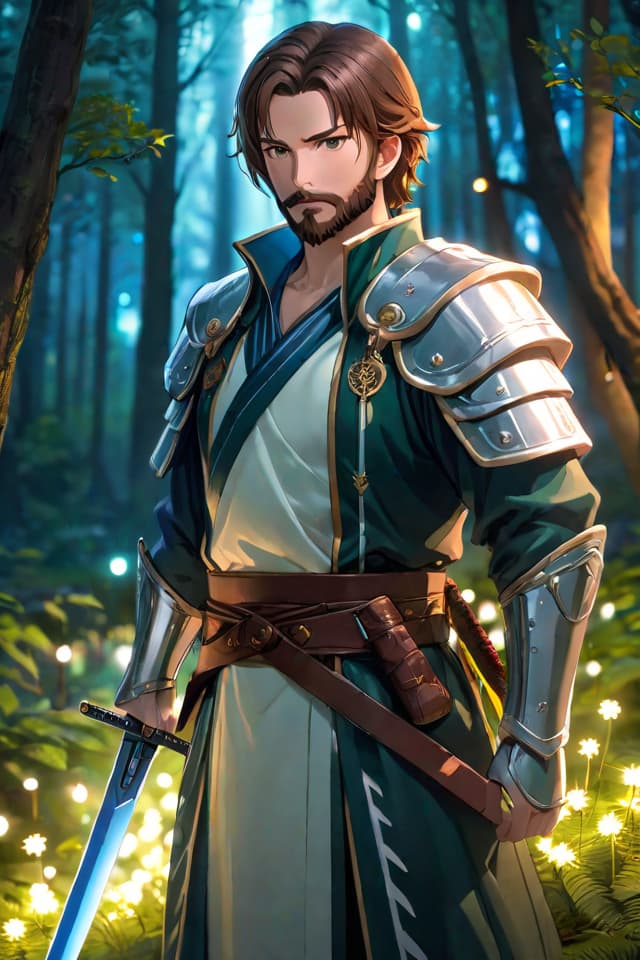  anime, man, brown hair, beard, sword, forest, night, bloom, ambient occlusion, glowing lights, light particles, transparent, translucent hyperrealistic, full body, detailed clothing, highly detailed, cinematic lighting, stunningly beautiful, intricate, sharp focus, f/1. 8, 85mm, (centered image composition), (professionally color graded), ((bright soft diffused light)), volumetric fog, trending on instagram, trending on tumblr, HDR 4K, 8K